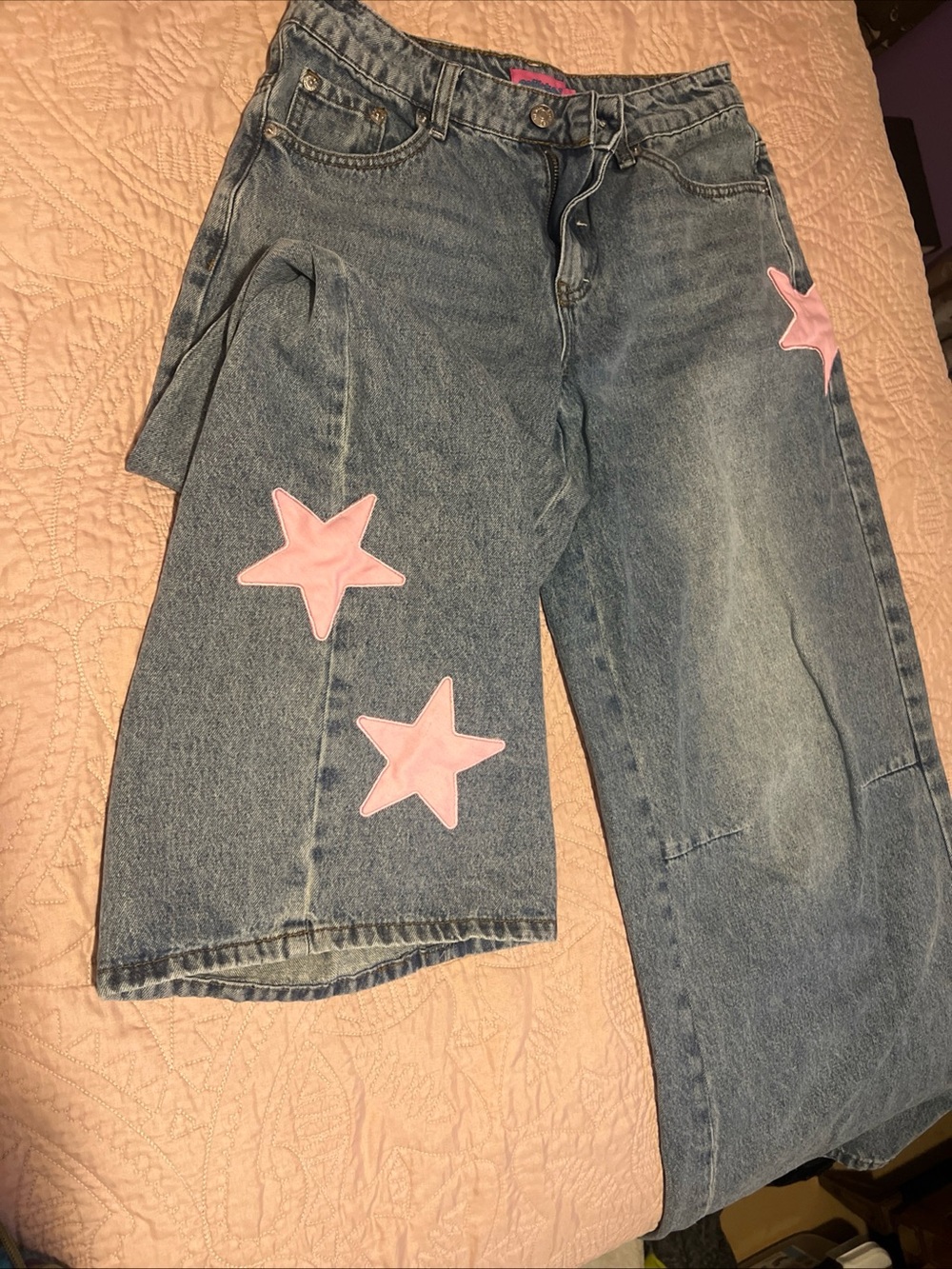 Edikted Light Blue Wide-Leg Jeans with Pink Star Patches Size S, Pre-owned